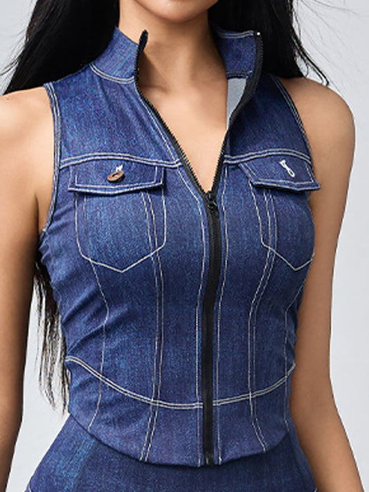 ZASUWA Female Denim Zipper Stand Up Collar Tank