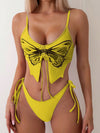 ZASUWA Female Butterfly Print Cut Out Tie Front Drawstring Swimsuit Bikini Set