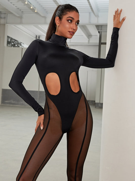 ❤ZASUWA Female Unique Cutout Super Mesh Zipper Booty Jumpsuit