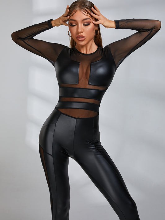 🖤ZASUWA Female Faux Leather Mesh Jumpsuit