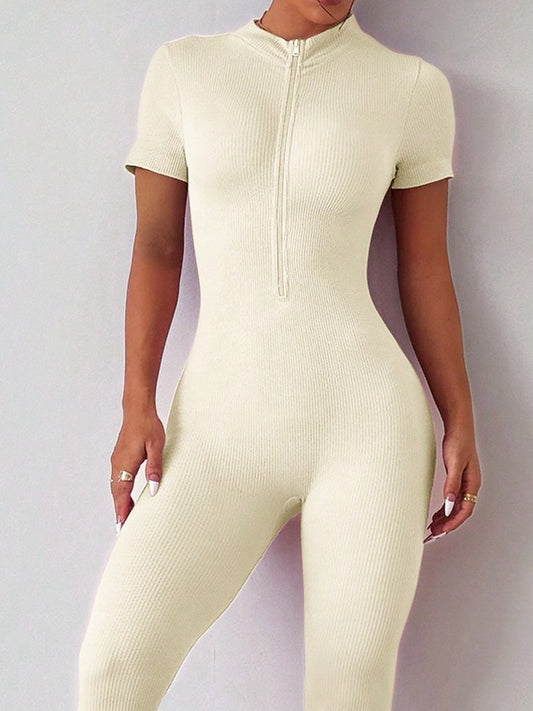 ZASUWA Female Ribbed Zipper Short Sleeves Jumpsuit