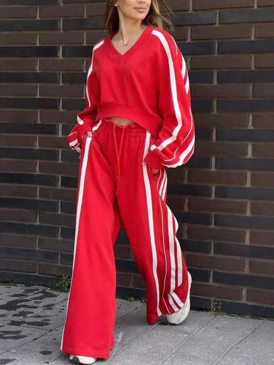 ZASUWA Female Contrast Color Stripes Big Heart Collar Pocket Casual Tracksuit