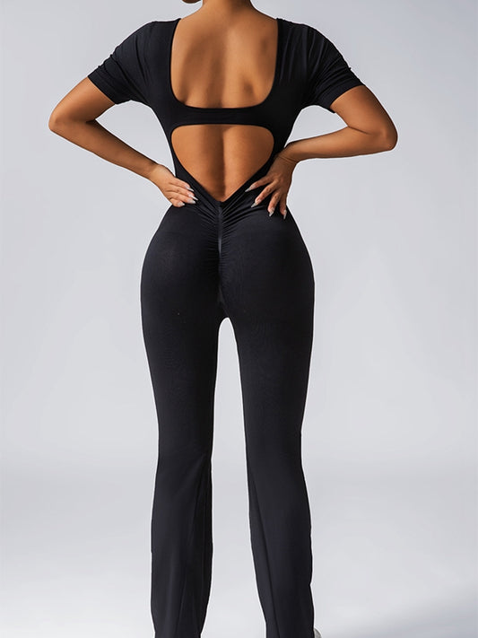 ZASUWA Female Deep V Back Backless Flare Scrunch Bum Jumpsuit