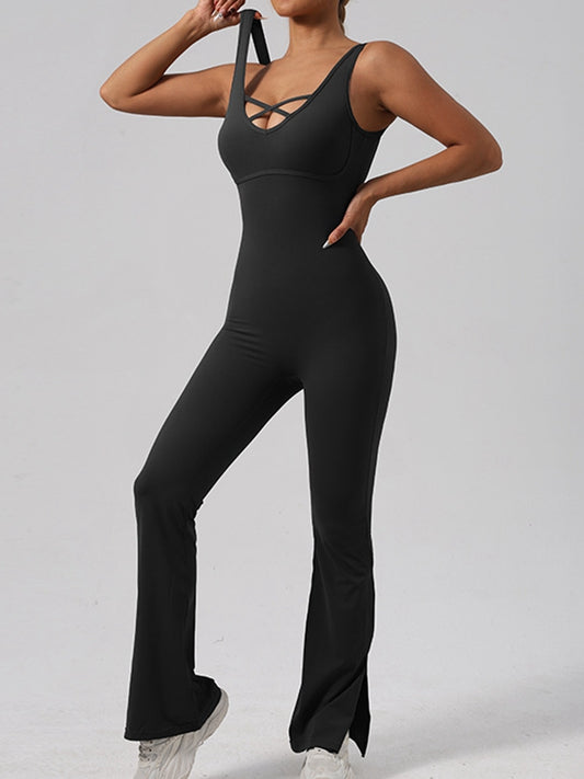 ZASUWA Female Sexy Cross Collar Backless Flare Split Jumpsuit